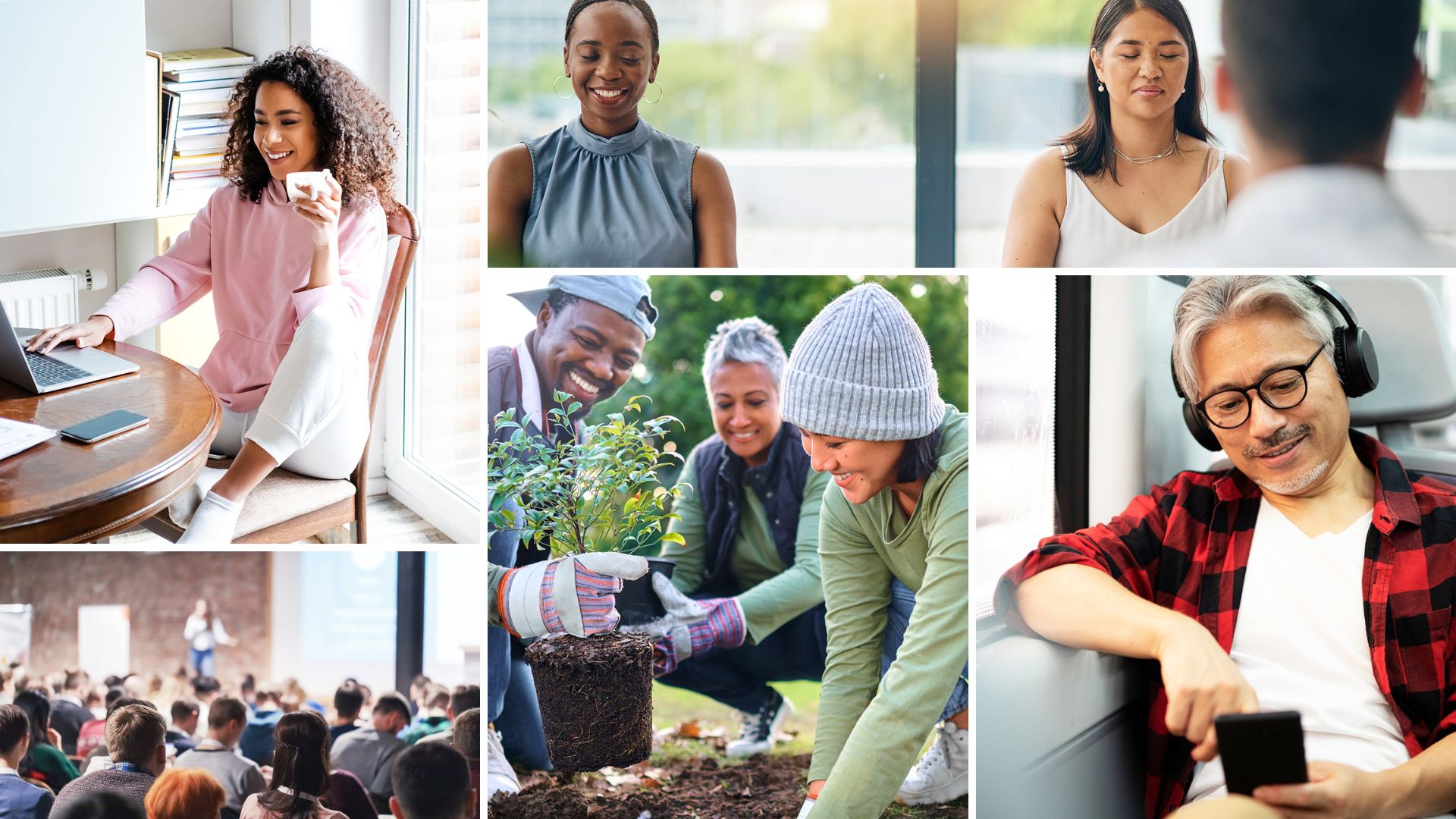 Man looking at computer with multiple people