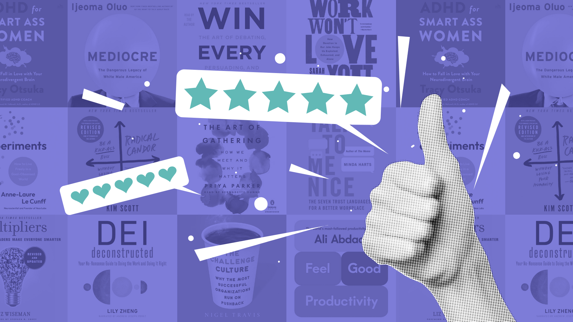 Collage of audiobook covers with thumbs up